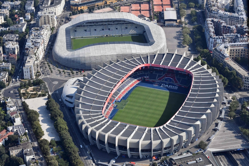 Aerial view of the Jean Bouin stadium  and the Parc des Princes stadium in Paris