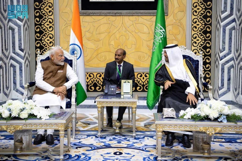 Makkah Region Deputy Governor Prince Saud bin Mishal bin Abdulaziz receives India's PM Narendra Modi in Jeddah. — Reuters