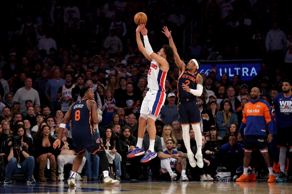 Detroit Pistons guard Cade Cunningham (2) takes a shot against New York Knicks forward OG Anunoby (8) and guard Miles McBride (2) during the third quarter of game two of the first round of the 2024 NBA Playoffs at Madison Square Garden. — Reuters