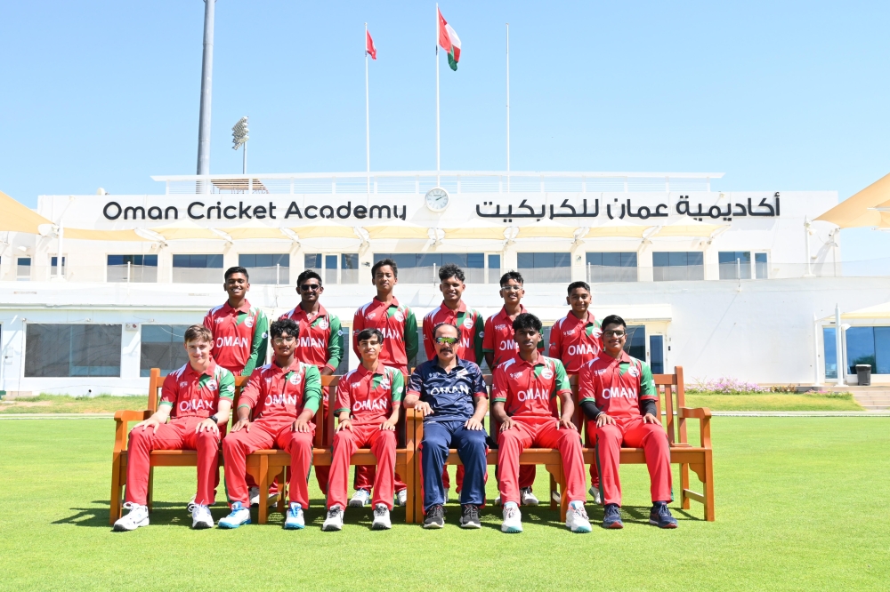Oman U16 squad with coach Parviz al Balushi. Not in photo are Aryan Joshi, Kavish Shah, Vignesh Karthikeyan as they travelled to Qatar after ICC U19 CWCQ Asia in Nepal.


