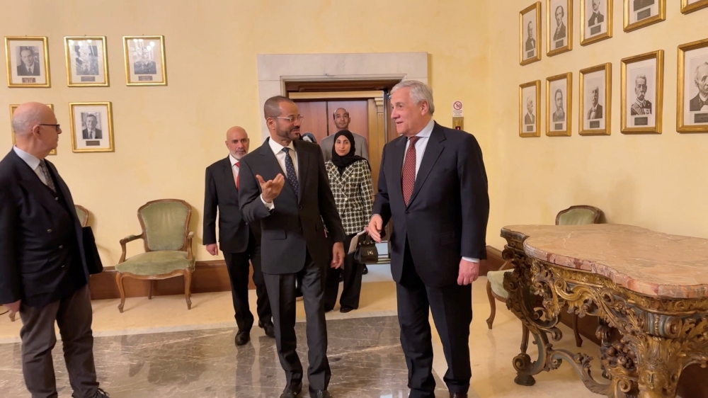 Italian Foreign Minister Antonio Tajani meets Omani Foreign Minister Badr Albusaidi at the Italian Foreign Ministry in Rome, Italy, April 18, 2025