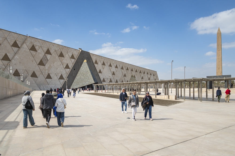 Visitors outside the main entrance of the Grand Egyptian Museum in Giza, Egypt, in February 2025. (Stephen Hiltner/The New York Times)