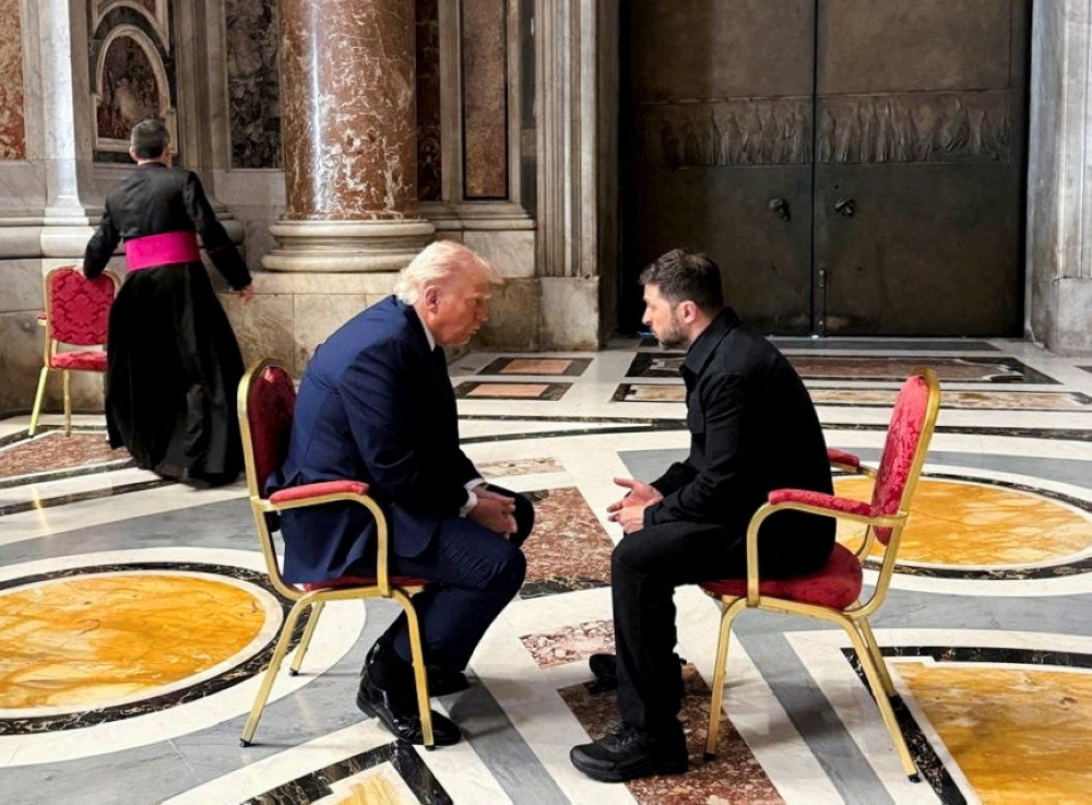 Ukraine's President Volodymyr Zelenskiy and U.S. President Donald Trump meet, while they attend the funeral of Pope Francis