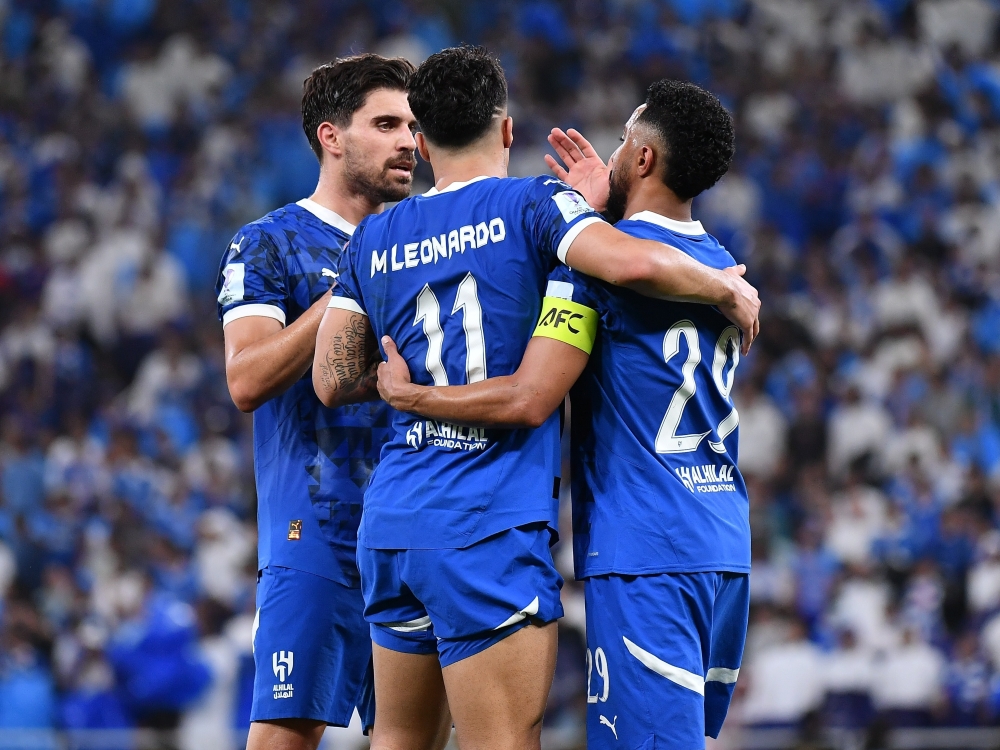 Al Hilal's player Marcos Leonardo celebrates with his team-mate scoring the 2nd goal. 