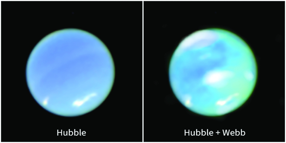 A combination of two images provided by the NASA/ESA/CSA James Webb Space Telescope shows, at left, an enhanced-color image of Neptune from NASAs Hubble Space Telescope, and at right, that image combined with data from NASAs James Webb Space Telescope. (NASA/ESA/CSA James Webb Space Telescope via The New York Times)