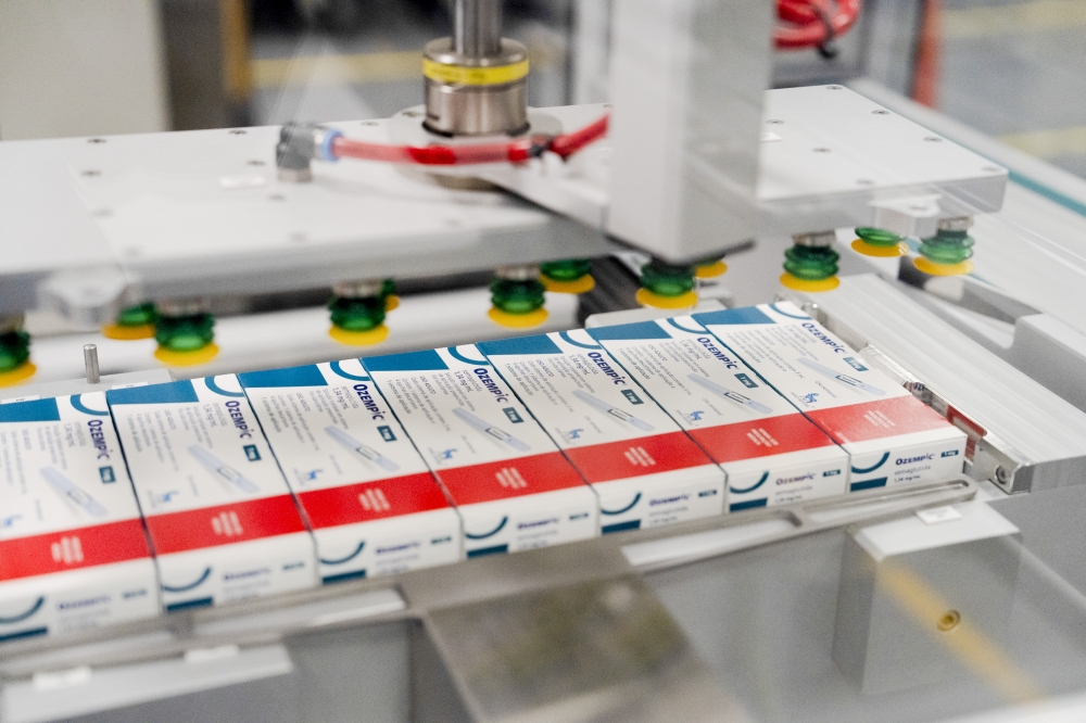 Ozempic production line at Novo Nordisk factory in Hillerod, Denmark, Feb. 12, 2024. (Charlotte de la Fuente/The New York Times)