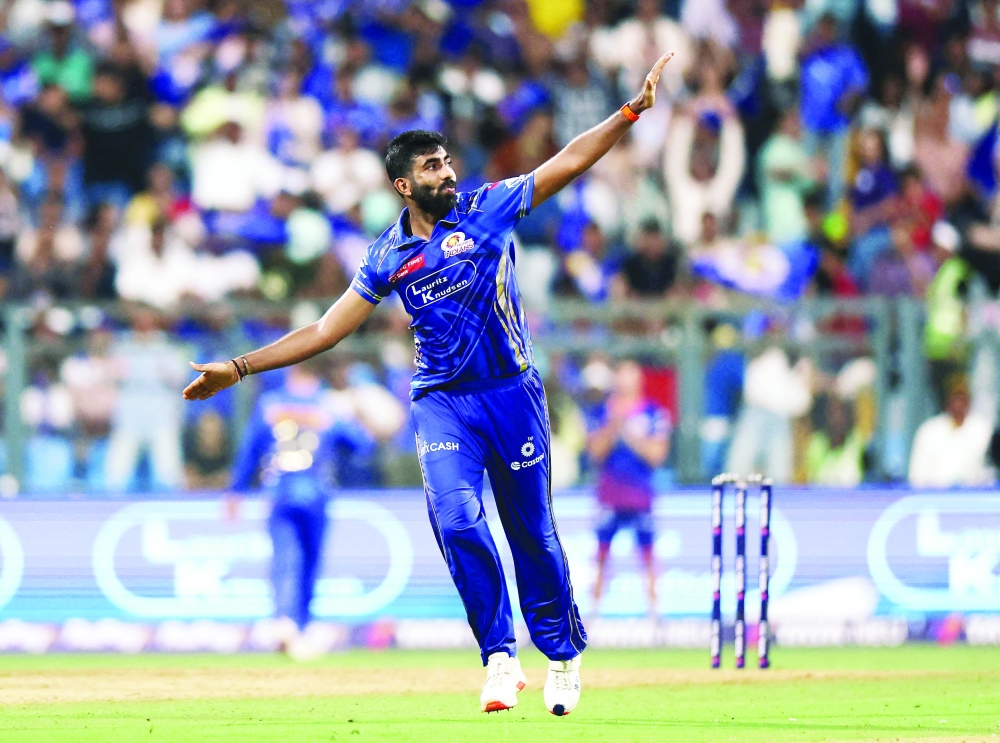 Mumbai Indians' Jasprit Bumrah celebrates after taking the wicket of Lucknow Super Giants' Abdul Samad REUTERS/Francis Mascarenhas
