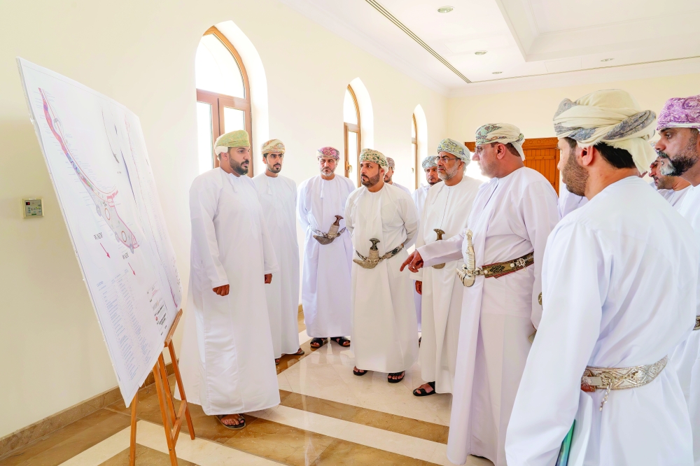 Dr Said bin Mohammed al Saqri, Minister of Economy, and other officials reviewing development works.