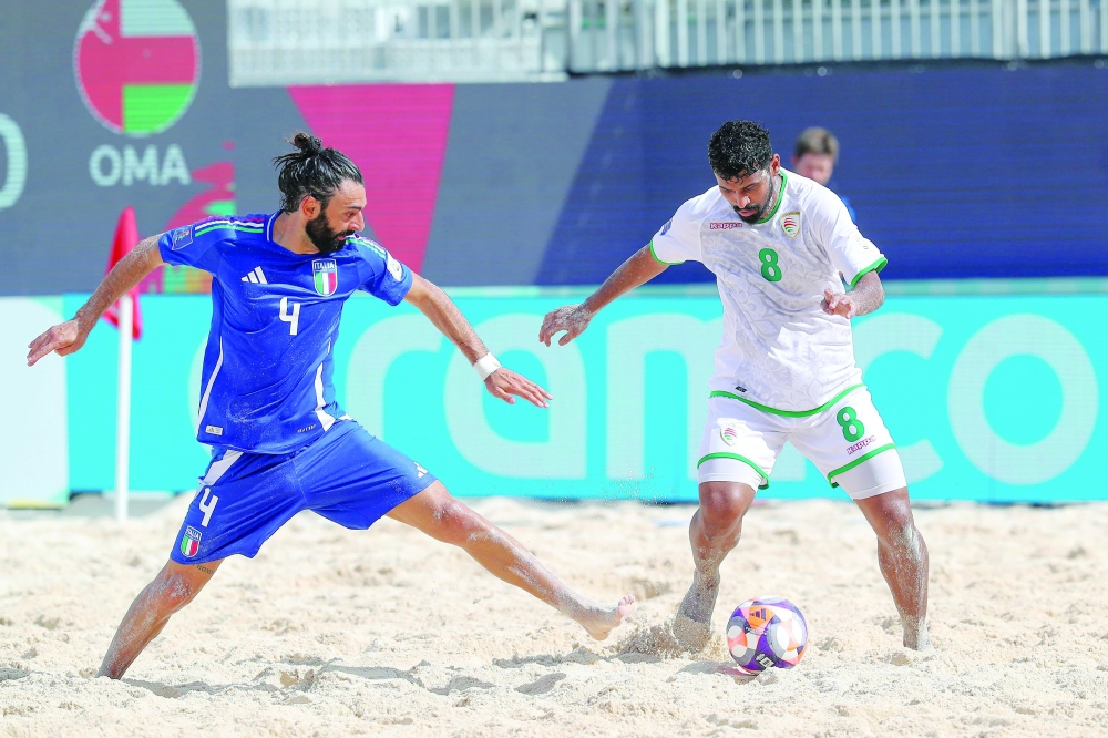 Oman and Italy players in action during the Fifa Beach Soccer World Cup 2025 in Seychelles.