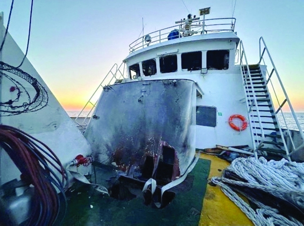 Damage is seen on the Gaza Freedom Flotilla vessel Conscience outside Maltese territorial waters. — AFP