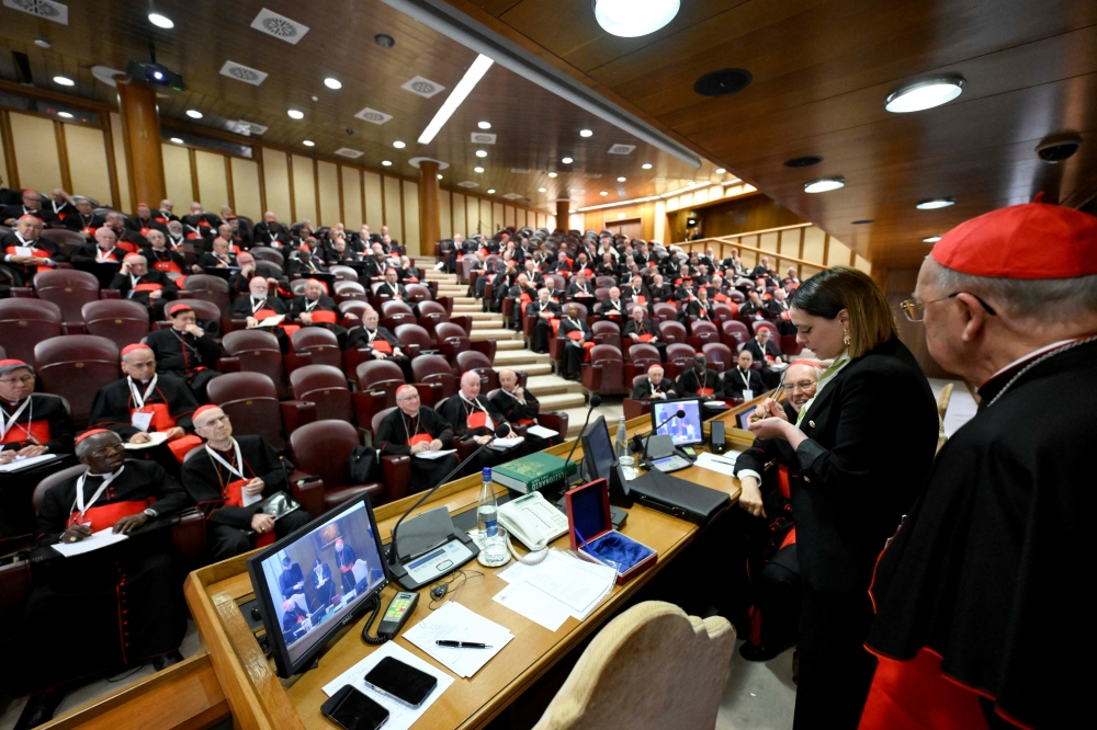 Cardinals participate in General Congregation, ahead of the Conclave, at the Vatican, May 6, 2025. Vatican Media/­Handout via REUTERS    ATTENTION EDITORS - THIS IMAGE WAS PROVIDED BY A THIRD PARTY.