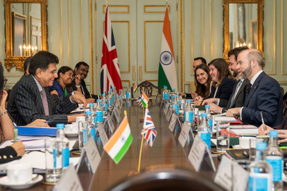 Britain's Secretary of State for Business and Trade Jonathan Reynolds meets Indian Minister of Commerce and Industry Piyush Goyal for trade talks, in London. — Reuters