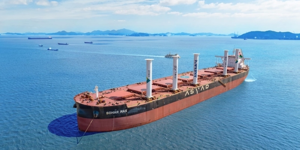 This 400,000-tonne vessel is equipped with five massive rotor sails.
