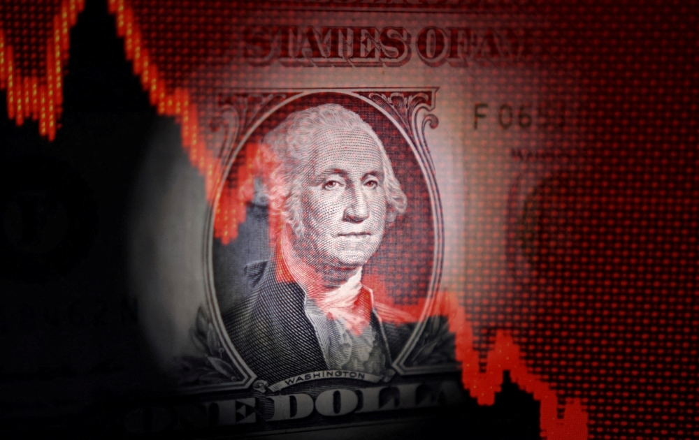 Illustration shows U.S. dollar banknote and decreasing stock graph