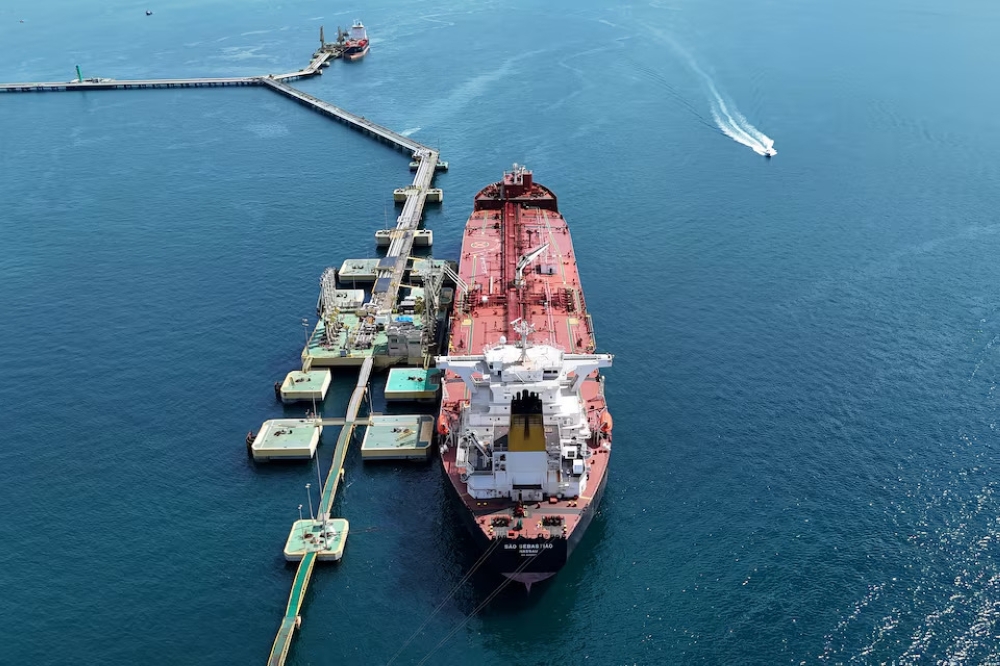 A drone view of an oil tanker at Petrobras distribution terminal operated by Transpetro, the largest oil and gas transportation company of Brazil in Sao Sebastiao, in the state of Sao Paulo, Brazil. — Reuters