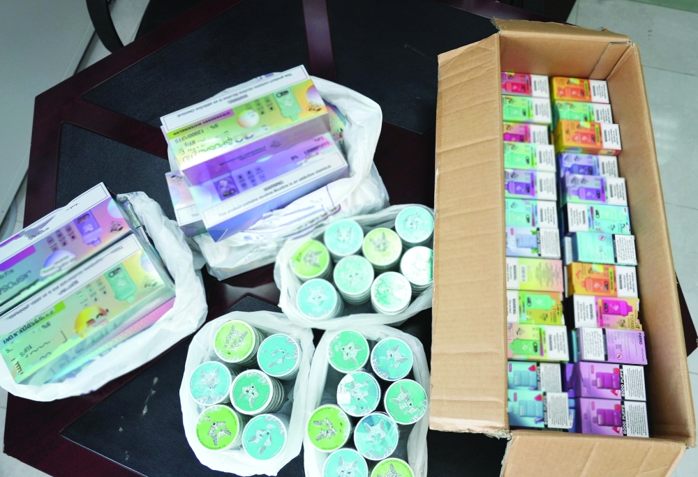 A total of 265 electronic shisha devices and 110 packs of chewing tobacco were seized.