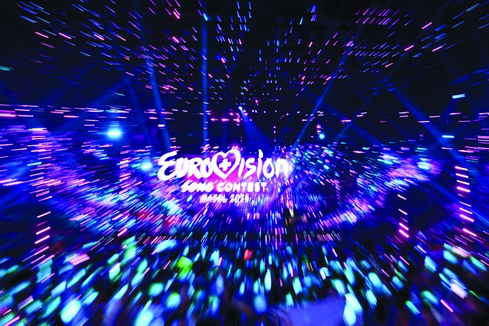 This photograph taken with a zooming effect shows a Eurovision sign at the end of the first semi-final of the Eurovision Song Contest 2025, at the St. Jakobshalle arena in Basel on May 13, 2025.