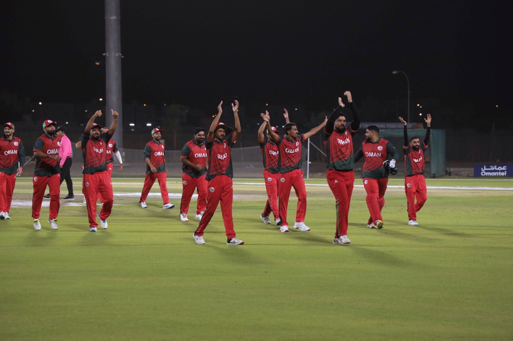 All-Omani team [Oman Development Team] acknowledge their fans at Oman Cricket Academy ground.
