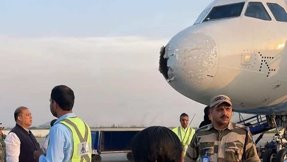 The damaged nose of an IndiGo passenger jet (Sheikh Samiullah via The New York Times)
