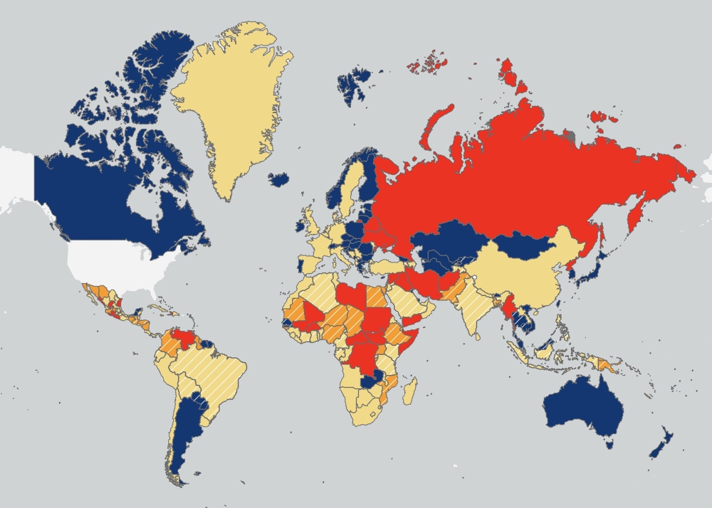 A screenshot of a world map from the State Department's travel advisories website shows the government's assessment of risk for travel to each place. (U.S. State Department via The New York Times)