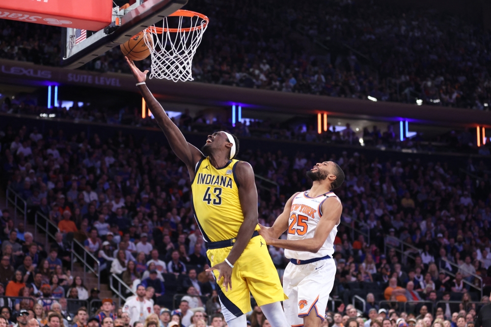 Indiana Pacers forward Pascal Siakam (43) shoots against New York Knicks forward Mikal Bridges (25) in the second quarter during game two of the eastern conference finals for the 2025 NBA Playoffs at Madison Square Garden. 
