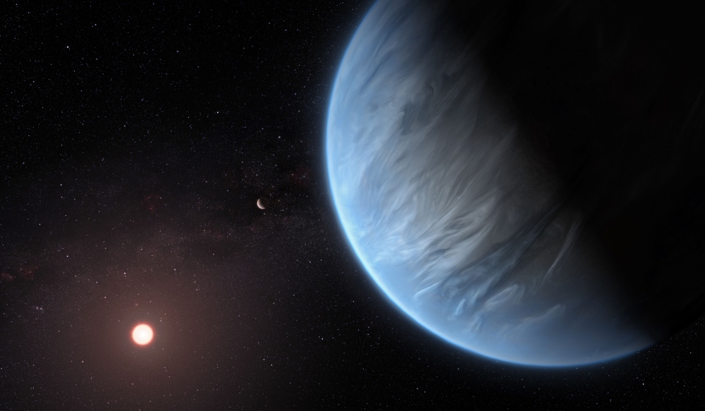 An artist's impression of the exoplanet K2-18b, 120 light-years from Earth, whose atmosphere has been creating a stir in astronomical circles. (European Space Agency via The New York Times) 