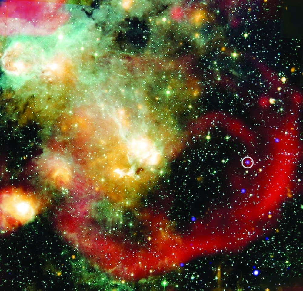 The location (circled) of a star residing near the edge of a supernova remnant situated 15,000 light-years from Earth.