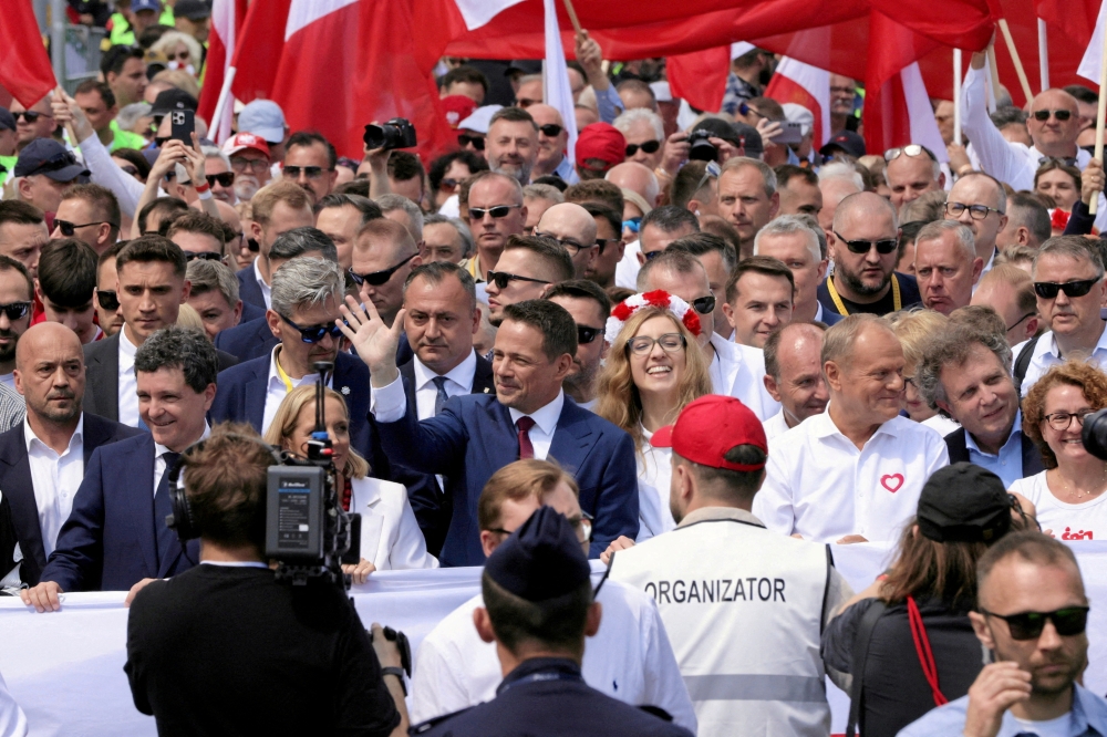 Warsaw Mayor Rafal Trzaskowski, the presidential candidate of the Civic Coalition, attends "Patriotic March", in Warsaw. — Reuters