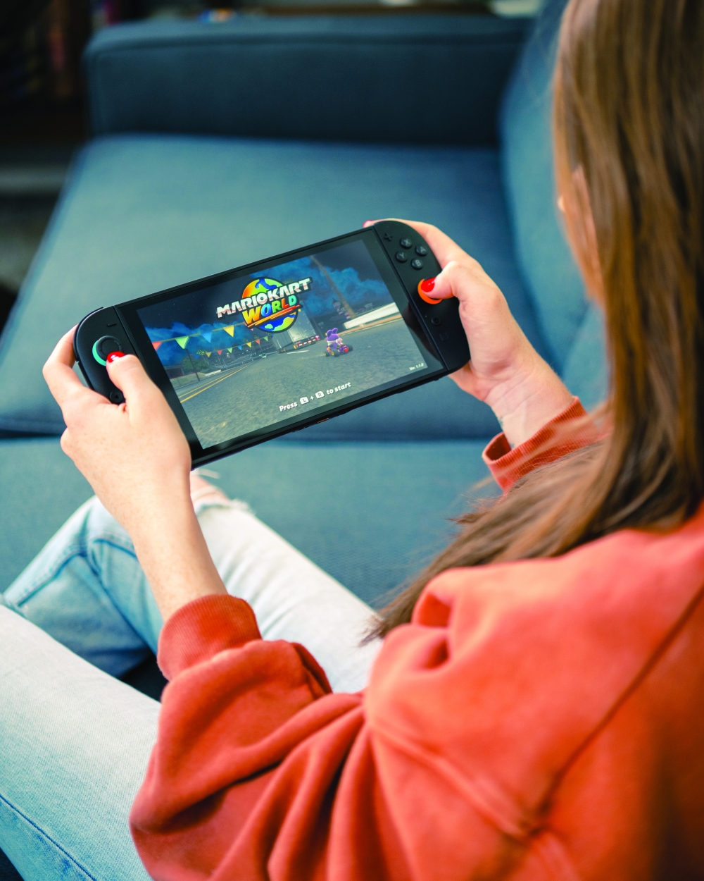 A Nintendo Switch 2 playing Mario Kart World in Renton, Wash.