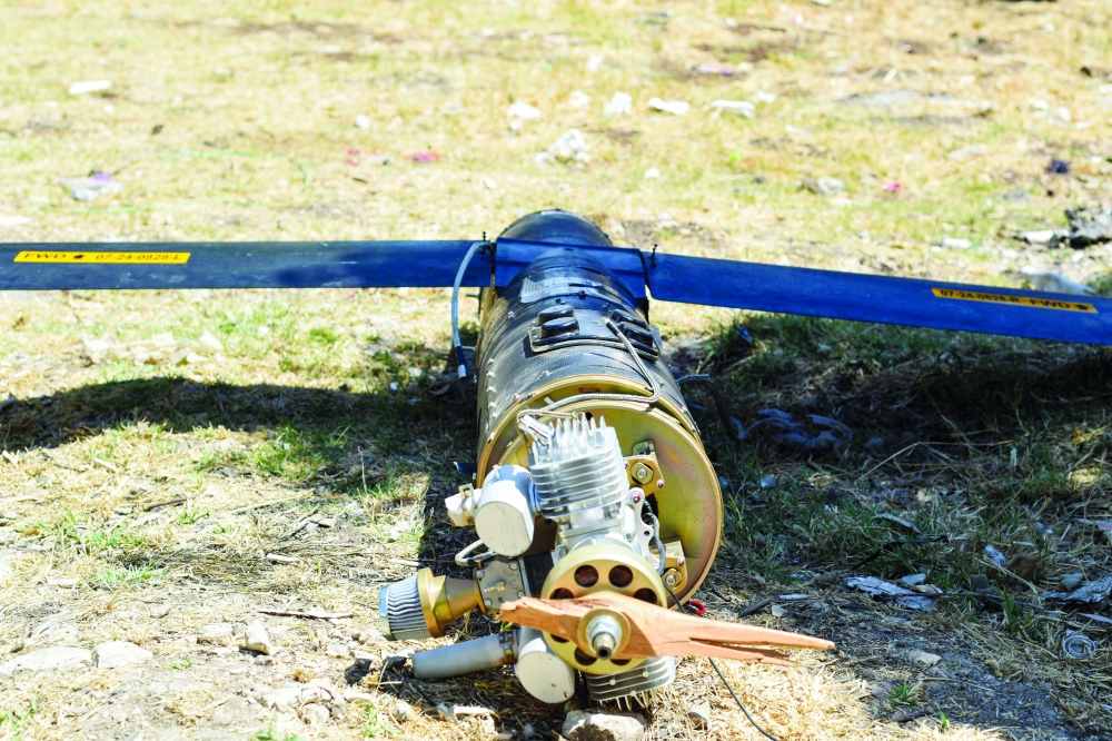 The remains of a drone that fell in the northern fields of Jasim city near Daraa in southwestern Syria. — AFP