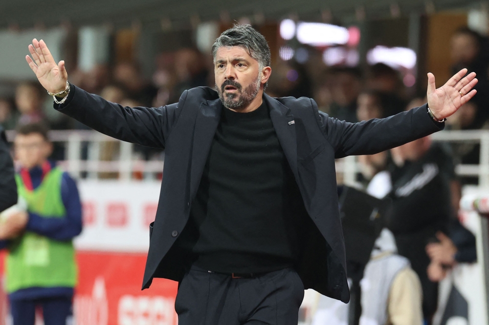 (FILES) Marseillle's Italian head coach Gennaro Gattuso reacts during the French L1 football match between Stade Brestois 29 (Brest) and Olympique de Marseille (OM) at the Francis-Le Ble stadium in Brest, western France, on February 18, 2024.  Former Italy international Gennaro Gattuso has been appointed Italy coach to replace Luciano Spalletti, who was sacked after the Nazionale's 3-0 rout of Norway on 6 June, the Italian Football Federation (FIGC) announced on June 15, 2025. (Photo by FRED TANNEAU / AFP)

