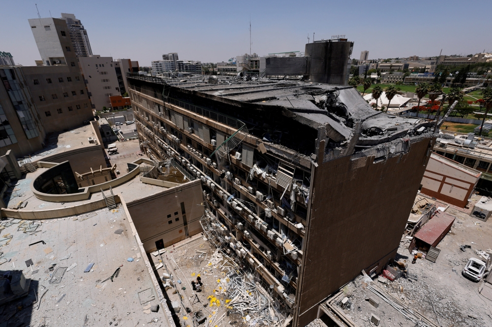 A general view of Soroka Medical Center, the city's general hospital, at an impact site following a missile strike from Iran on Israel, in Beersheba, Israel June 19, 2025. REUTERS/Amir Cohen
