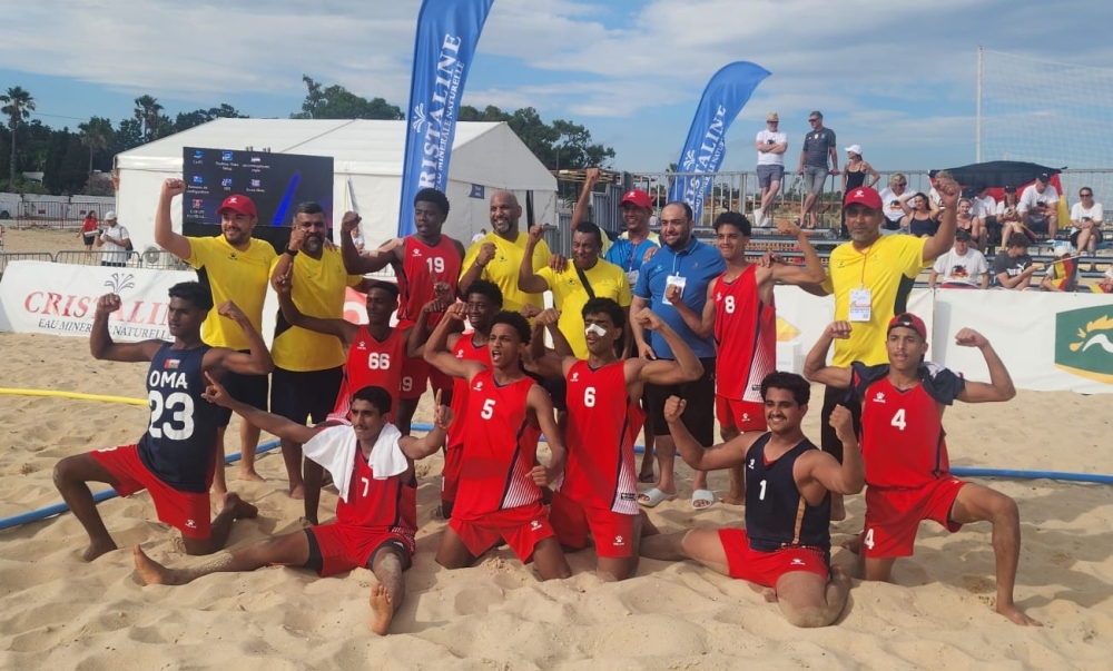 Oman U-17 beach handball team celebrate after the winning