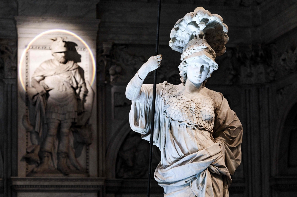 This photograph shows a sculpture by 17th century sculptor Artus Quellinus during a press preview of an exhibition displaying over one hundred pieces created by Artus Quellinus, at the Royal Palace in Amsterdam on June 16, 2025. Netherlands OUT
