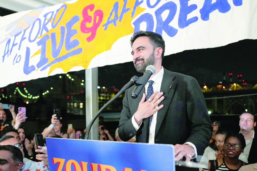 Zohran Mamdani gestures as he speaks during a watch party for his primary election, in NY City. — Reuters