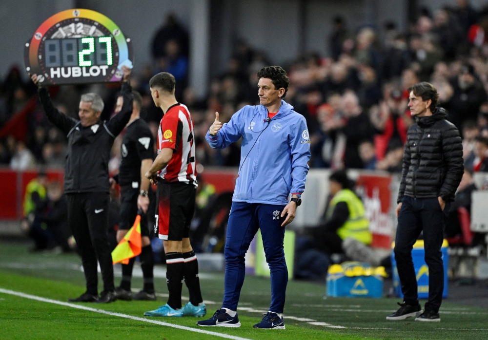 Brentford set-piece coach Keith Andrews reacts. Reuters