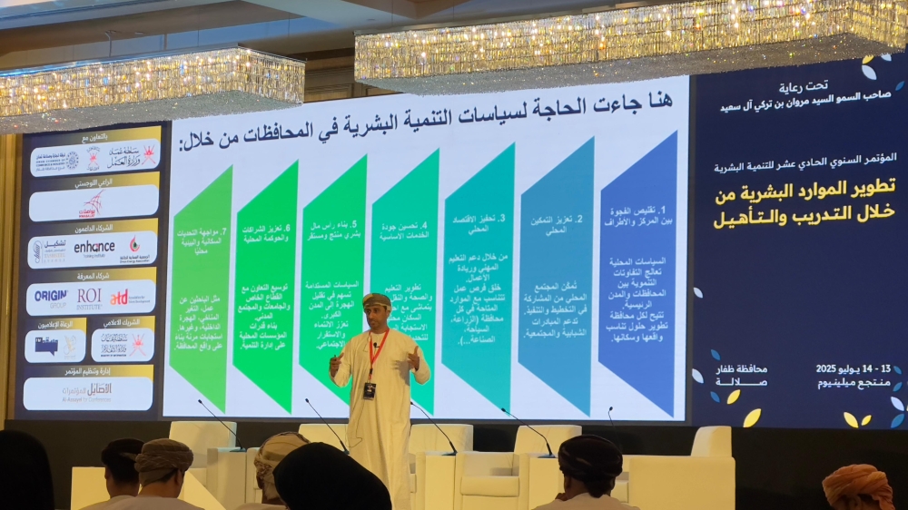Shaikh Mohammed bin Sulaiman al Kindi, Governor of North Al Batinah, addressing the conference in Salalah on Sunday