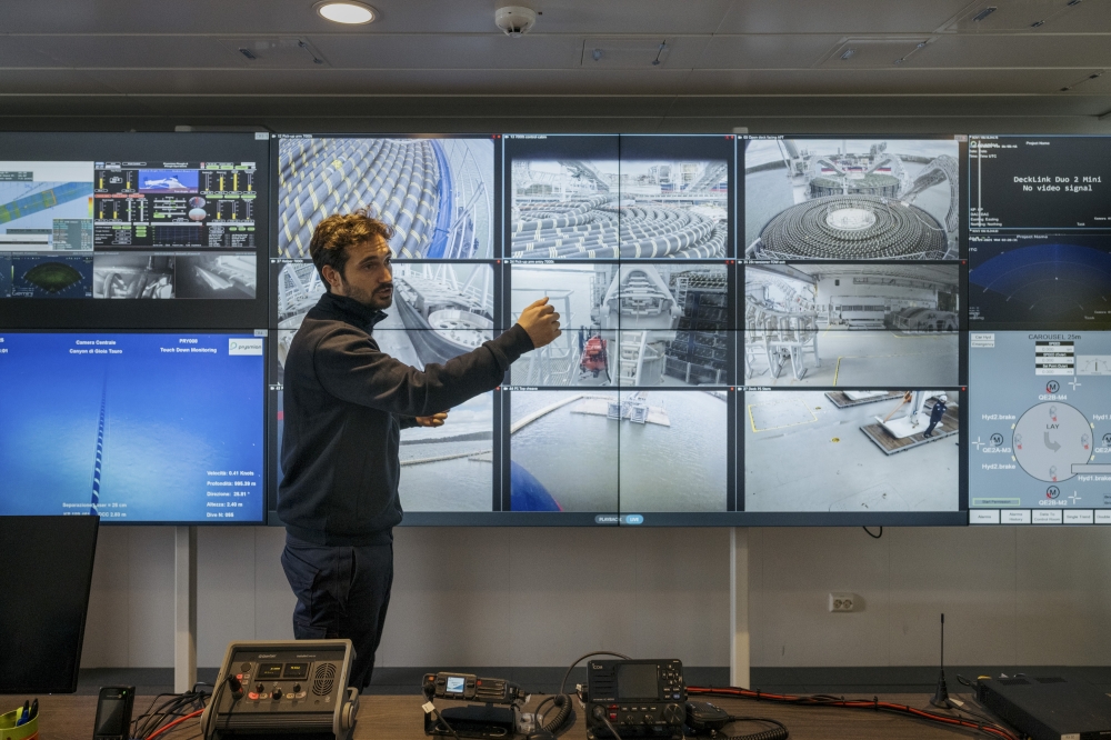 Federico Qualizza, an offshore installation manager, in the control room on the vessel Monna Lisa at the Prysmian plant in Pikkala, Finland, May 14, 2025. (Juho Kuva/The New York Times)