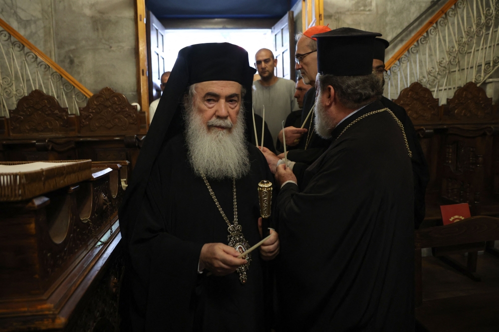 Greek Orthodox Patriarch of Jerusalem Theophilos visits the Saint Porphyrius Church in Gaza. — AFP
