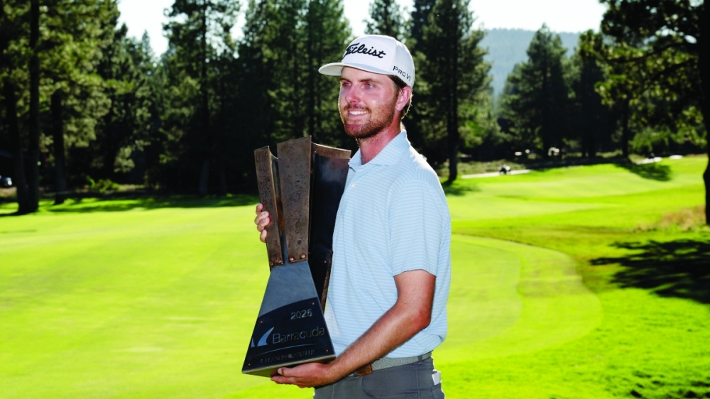 Ryan Gerard of the United States poses with the Barracuda trophy after winning the Barracuda Championship 2025 at Tahoe Mountain Club. — AFP