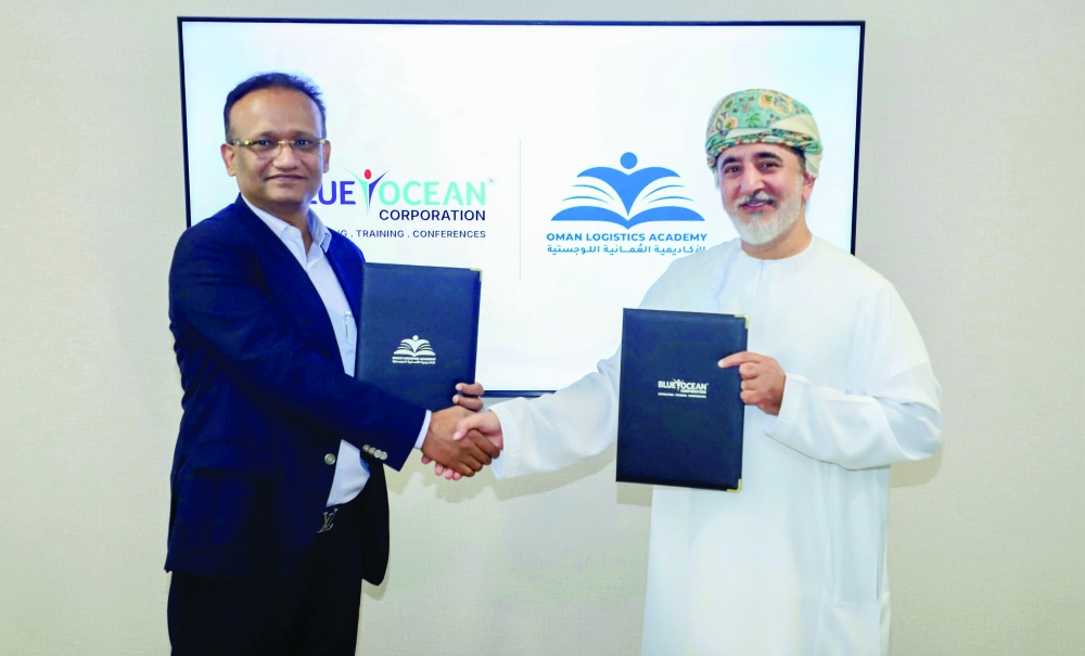 Shaikh Abdulaziz al Harthy (right), Chairman of Oman Logistics Academy, with Dr Sathya Menon, Group CEO of Blue Ocean Corporation, at the MoU signing in Muscat 