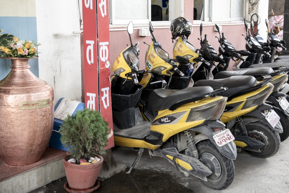 Heavy traffic Electric bikes at a police station in the municipality of Lalitpur, near Kathmandu, Nepal, July 18, 2025. (Rebecca Conway/The New York Times)