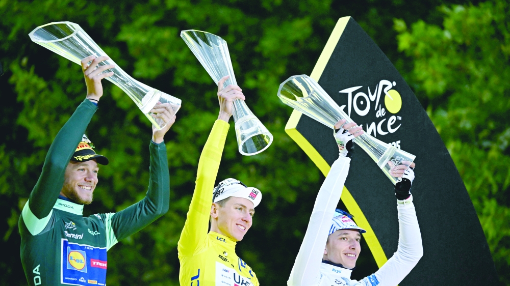 
Tadej Pogacar wearing the overall leader’s yellow jersey, Jonathan Milan wearing the best sprinter’s green jersey, Florian Lipowitz wearing the best young rider’s white jersey celebrate on the podium after the 21st and final stage of the 112th edition of the Tour de France cycling race. — AFP 