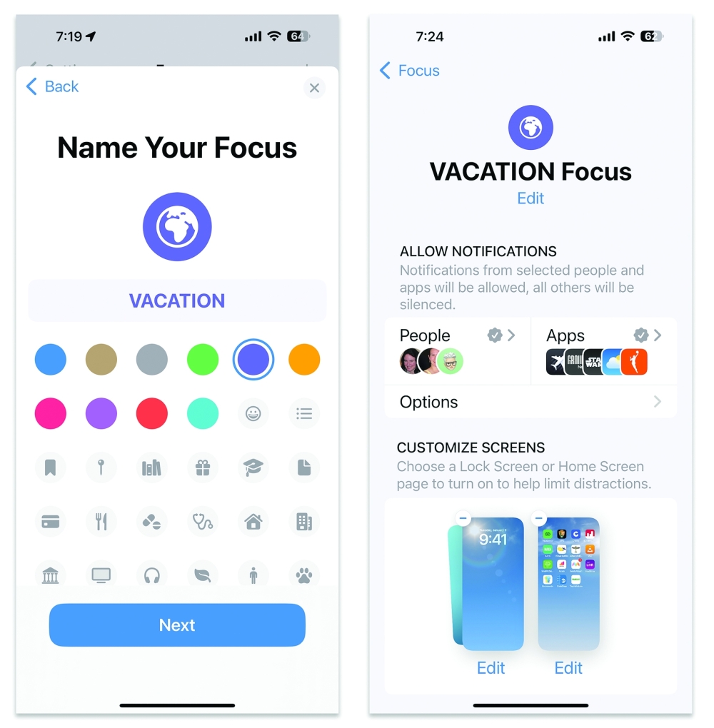 The Focus settings in Apples software for its iPhone and other devices guide you through creating a custom mode that permits interruptions only from designated people and apps