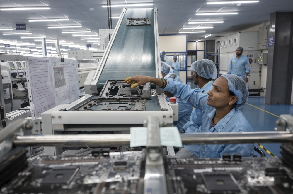 Workers on the printed circuit board assembly line at Zetwerk Electronics near Bengaluru, India, June 11, 2025. (Saumya Khandelwal/The New York Times)