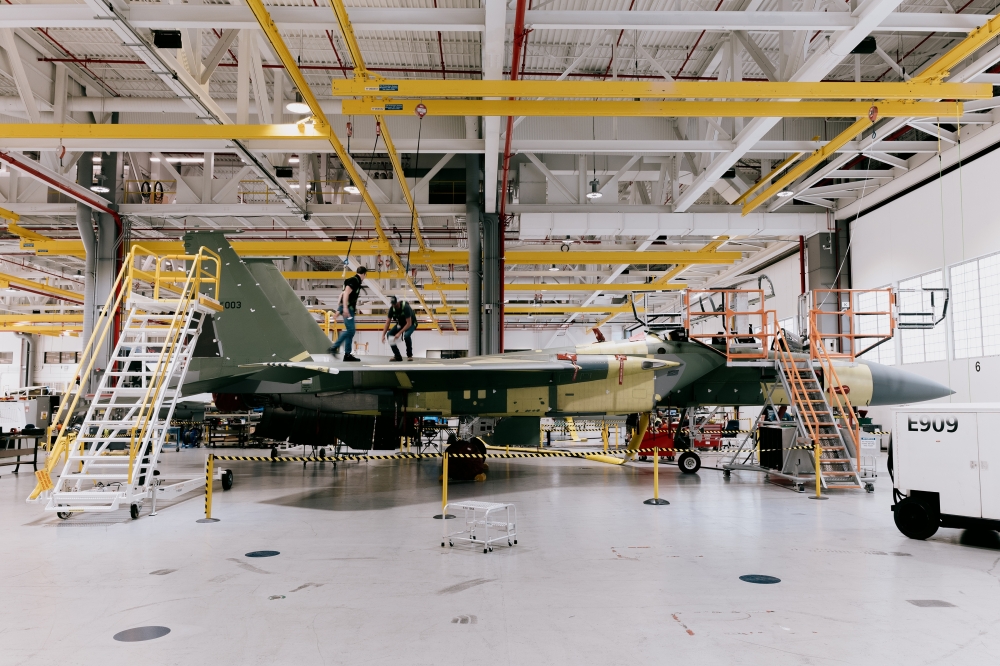 A fighter jet being built at the Boeing plant in St. Louis, Sept. 26, 2023. (Bryan Birks/The New York Times)