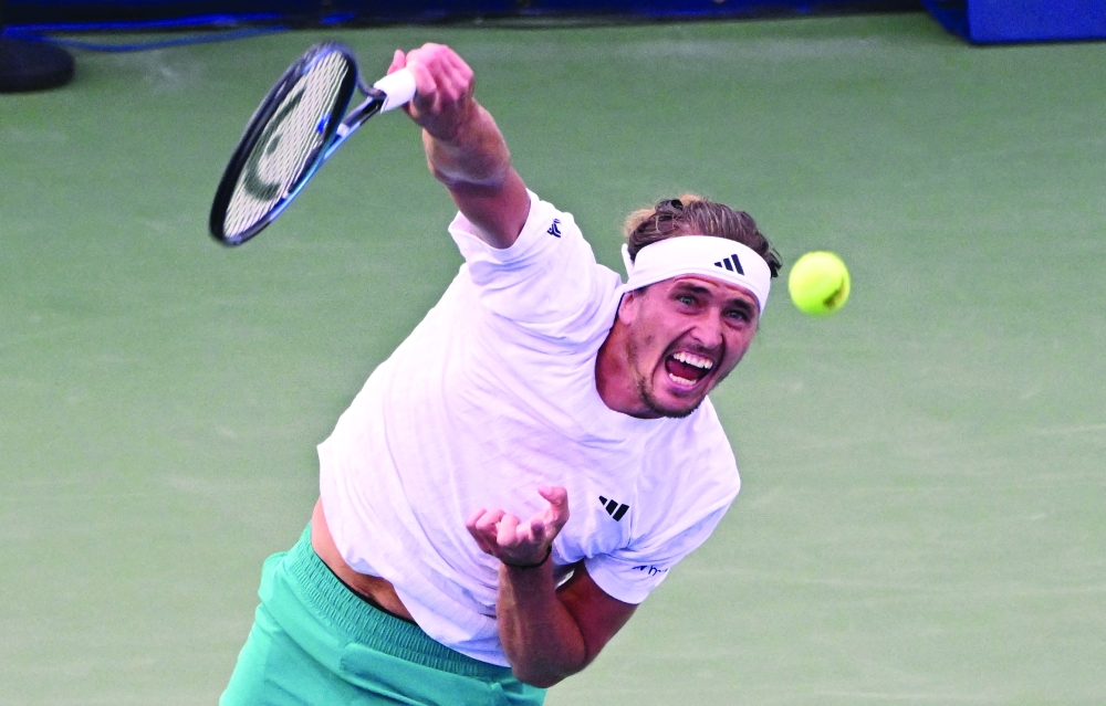 Alexander Zverev (GER) serves to Alexei Popyrin (AUS) during quarterfinal play at Sobeys Stadium. — Imagn Images