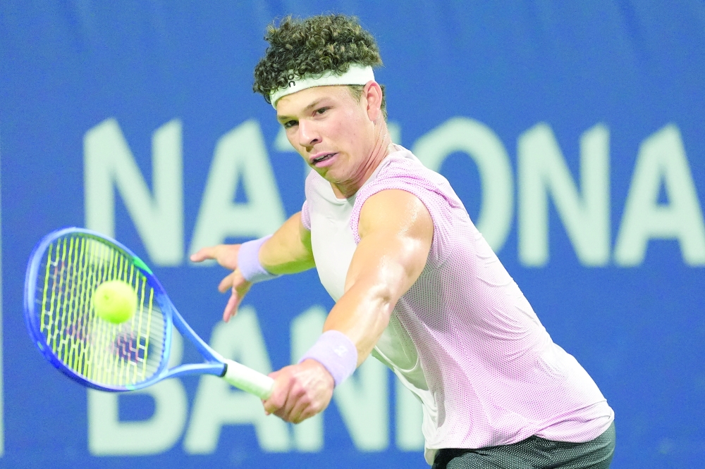 Ben Shelton (USA) hits a ball to Taylor Fritz during semifinals at Sobeys Stadium. — Imagn Images