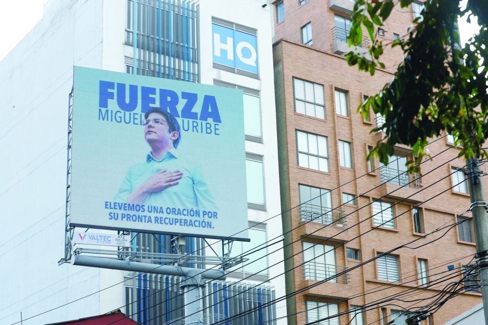 An image of Colombian Senator Miguel Uribe Turbay is displayed, in Bogota. — Reuters