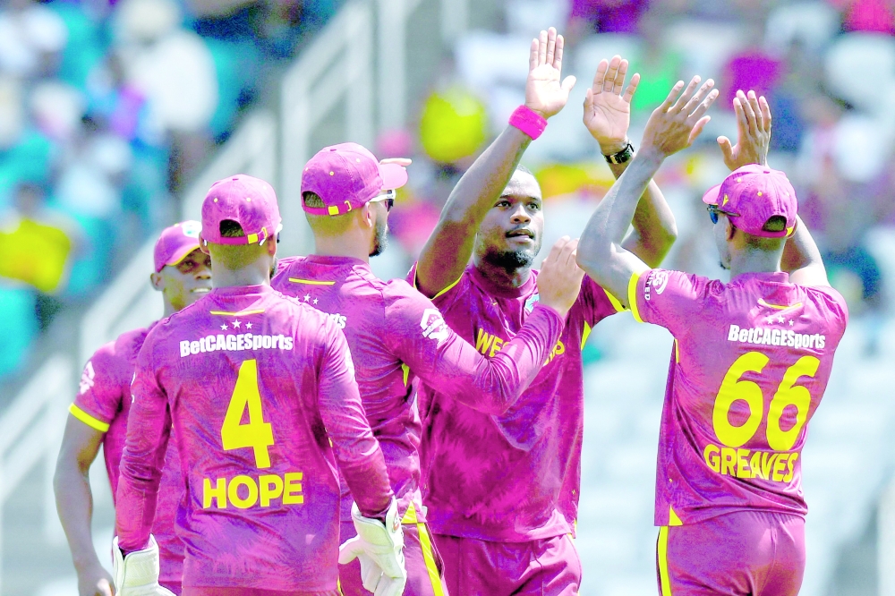 Jayden Seales of West Indies celebrates the dismissal of Mohammad Rizwan of Pakistan during the 3rd and final ODI match between West Indies and Pakistan at Brian Lara Cricket Academy in Tarouba, Trinidad and Tobago, on August 12, 2025.  (Photo by Randy Brooks / AFP)